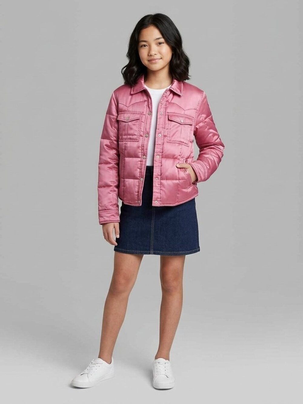 Y2K Tommy Hilfiger Puffer Jacket Girls XL Pink Youth Pockets Snap Front Casual D